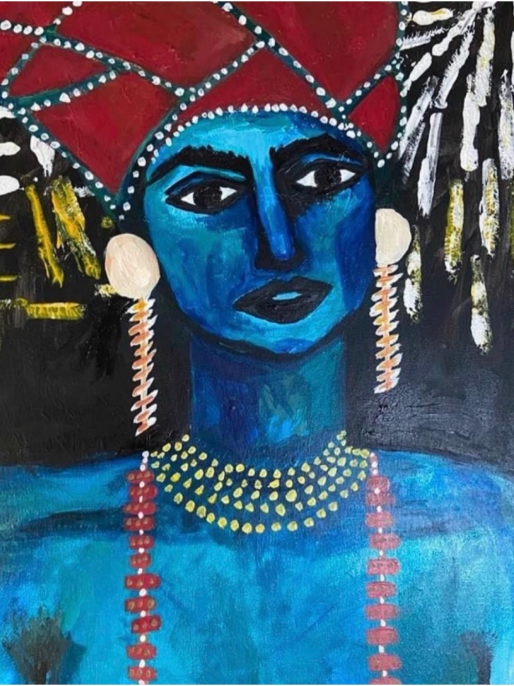 Blue Portrait Painting with Red Headdress and Gold Accents